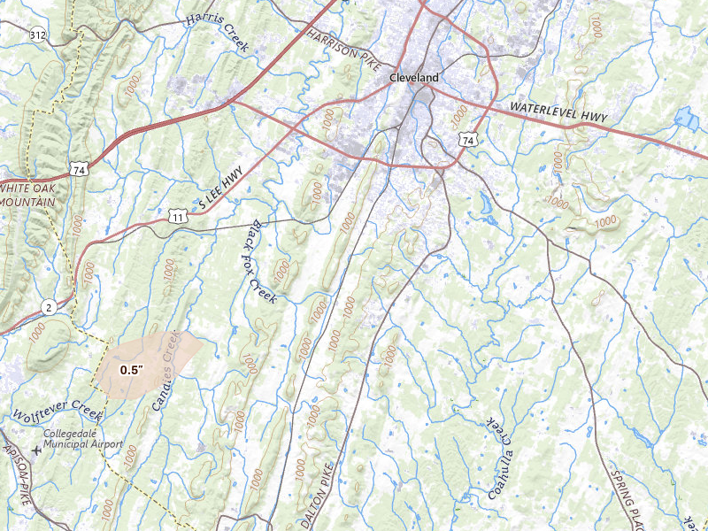 Radar-estimated hail-size map of the storm over Cleveland, TN on Jul 9, 2026