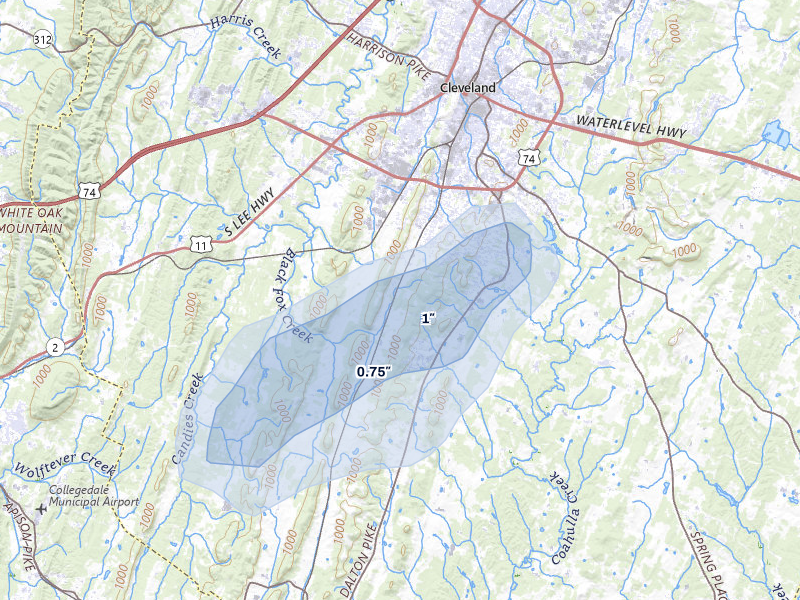 NEXRAD radar-signature map of the hail storm over Cleveland, TN on Jul 9, 2026