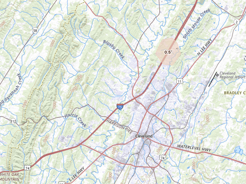 Radar-estimated hail-size map of the storm over Cleveland, TN on Aug 11, 2026