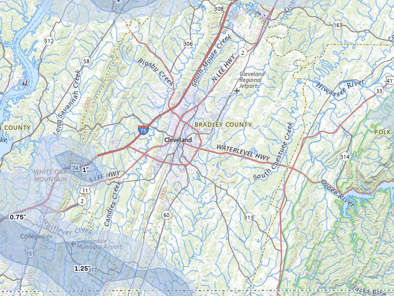 NEXRAD radar-signature map of the hail storm over Cleveland, TN on Aug 17, 2026