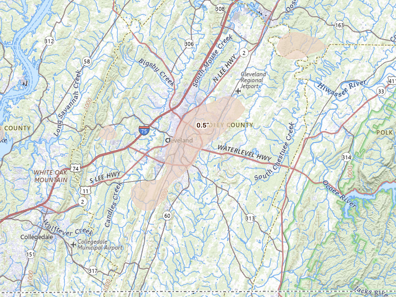 Radar-estimated hail-size map of the storm over Cleveland, TN on Aug 20, 2026