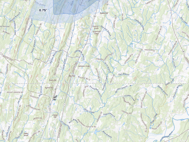 NEXRAD radar-signature map of the hail storm over Cleveland, TN on Aug 20, 2026