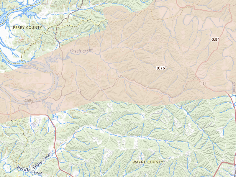 Radar-estimated hail-size map of the storm over Clifton, TN on Apr 27, 2026