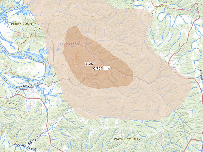 Radar-estimated hail-size map of the storm over Clifton, TN on Jun 1, 2026