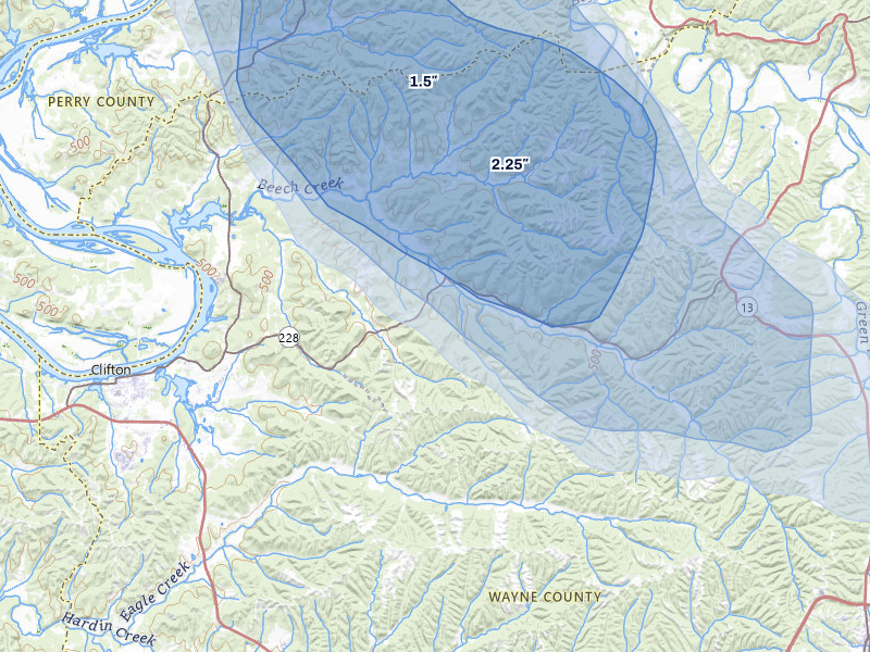 NEXRAD radar-signature map of the hail storm over Clifton, TN on Jun 1, 2026