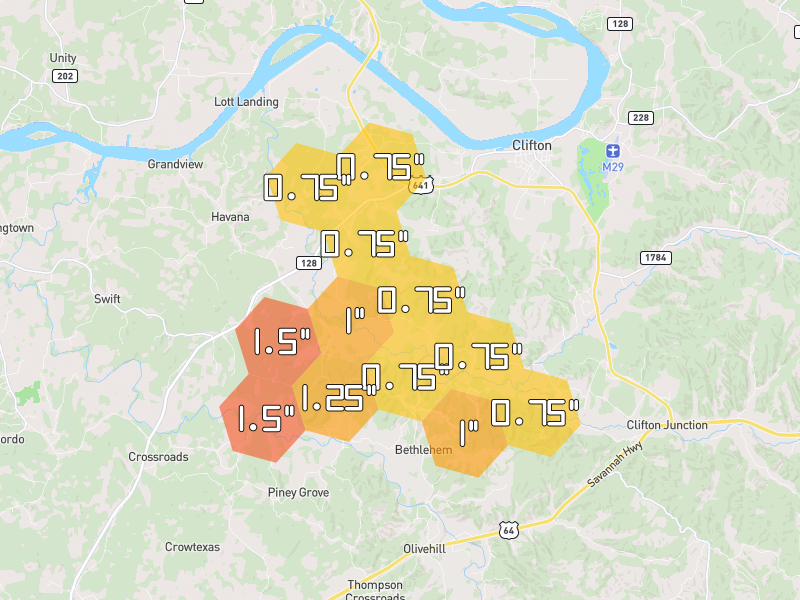 Hail map of Clifton, TN on Jul 2, 2026, hail up to 1.5"