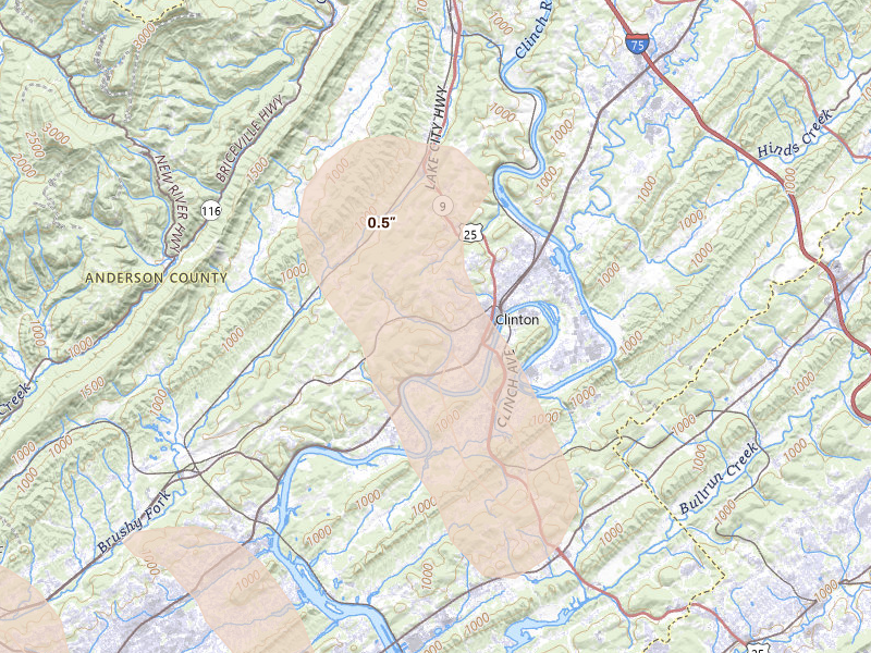 Radar-estimated hail-size map of the storm over Clinton, TN on Jul 3, 2026