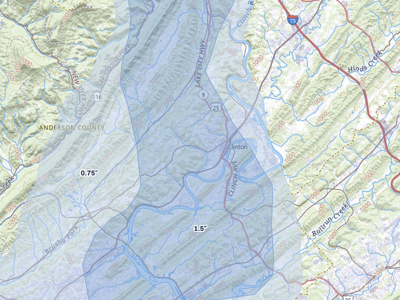 NEXRAD radar-signature map of the hail over Clinton, TN