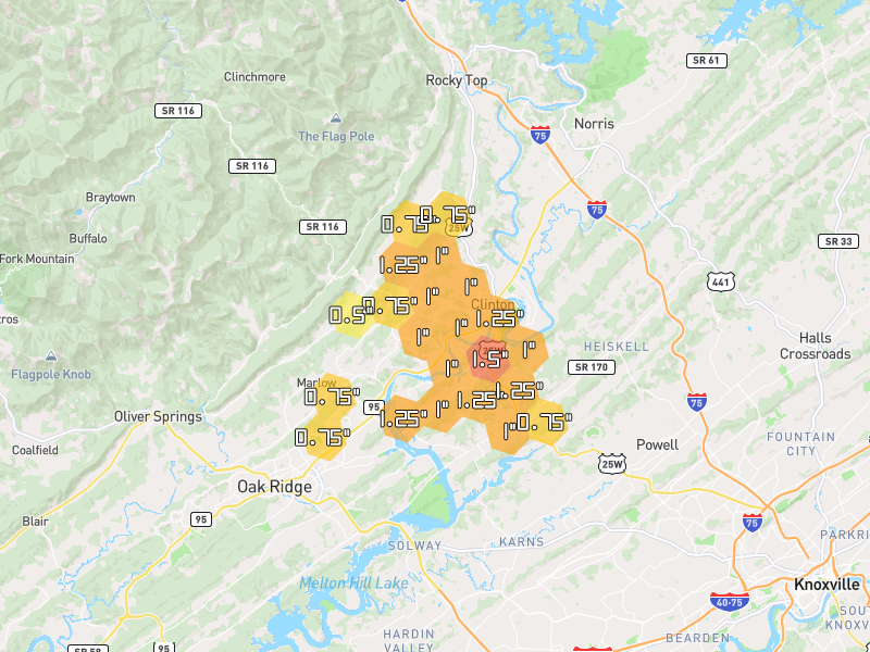 Hail map of Clinton, TN on Jul 3, 2026, hail up to 1.5"
