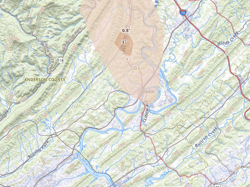 Radar-estimated hail-size map of the storm over Clinton, TN