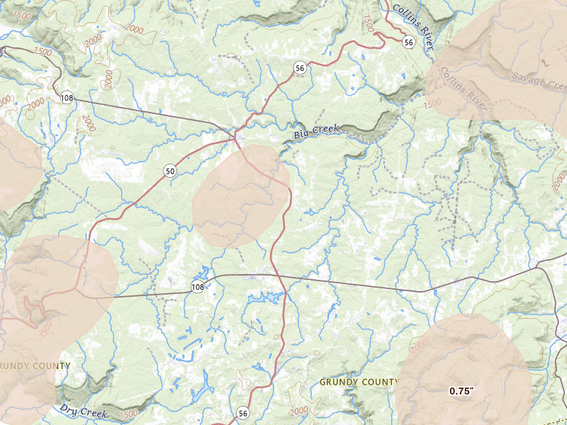 Radar-estimated hail-size map of the storm over Coalmont, TN on Jul 3, 2026