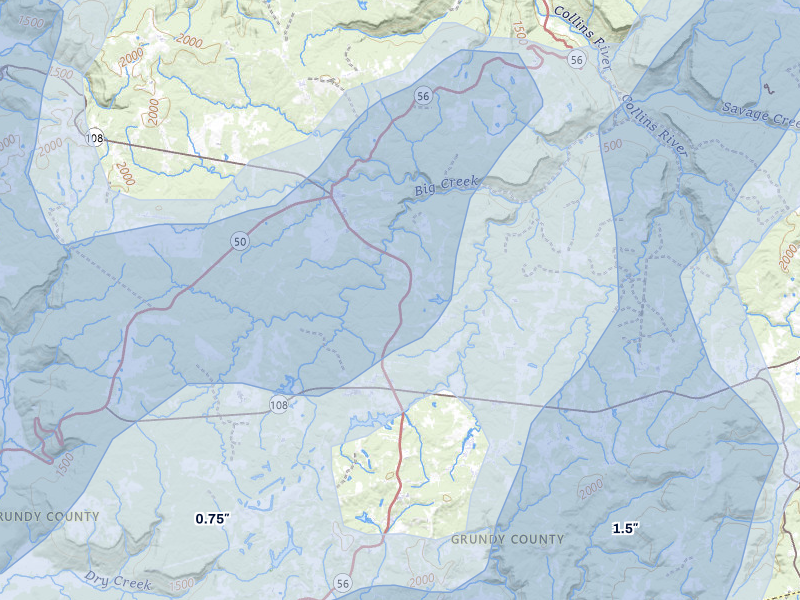 NEXRAD radar-signature map of the hail storm over Coalmont, TN on Jul 3, 2026