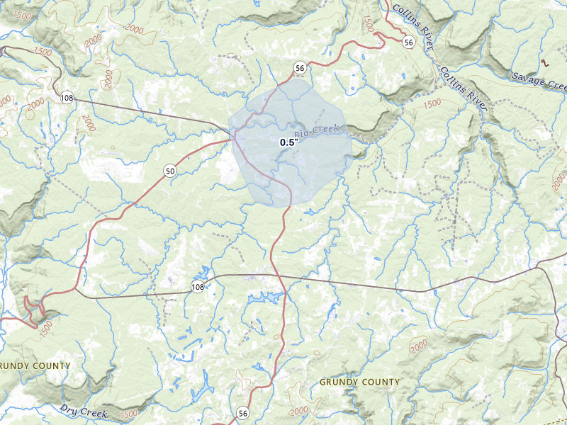 NEXRAD radar-signature map of the hail over Coalmont, TN