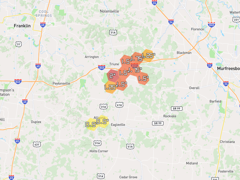 Hail map of College Grove, TN on Jul 2, 2026, hail up to 2"
