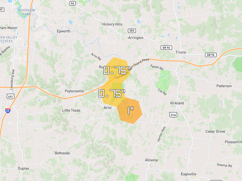 Hail map of College Grove, TN on Jul 3, 2026, hail up to 1"