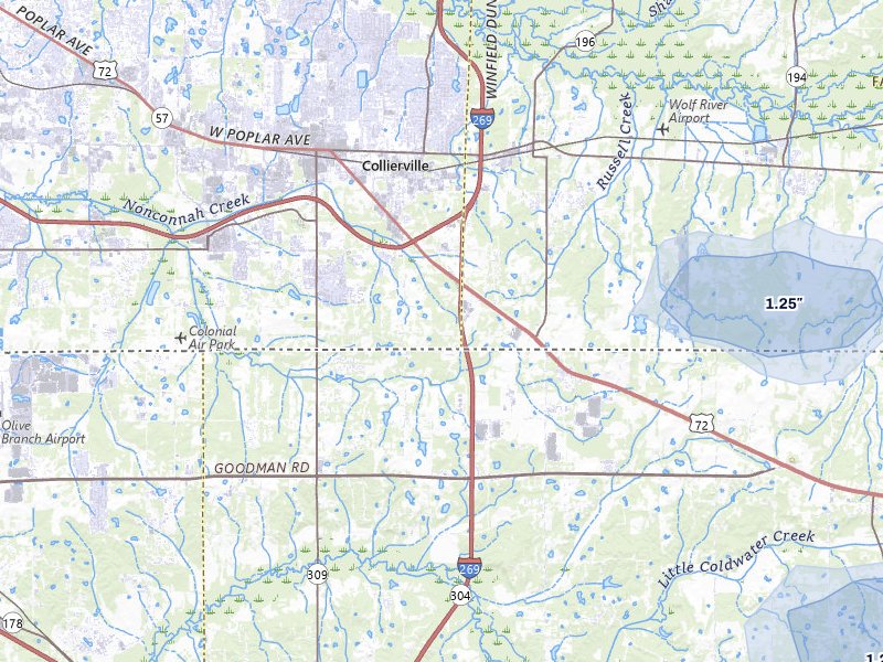 NEXRAD radar-signature map of the hail storm over Collierville, TN on Apr 28, 2026