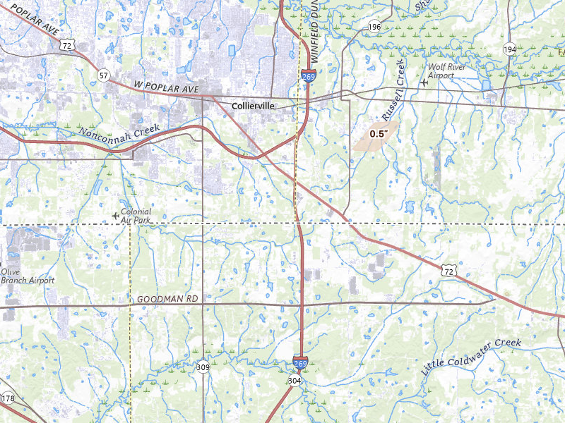 Radar-estimated hail-size map of the storm over Collierville, TN on May 10, 2026