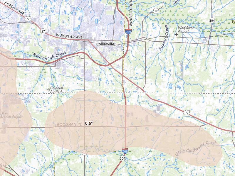 Radar-estimated hail-size map of the storm over Collierville, TN on Jun 1, 2026
