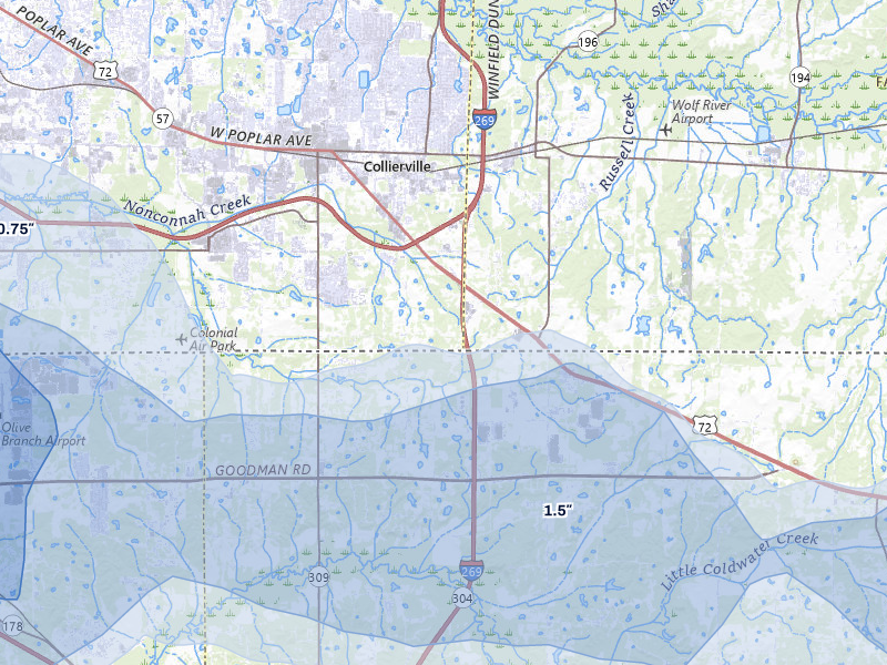 NEXRAD radar-signature map of the hail over Collierville, TN