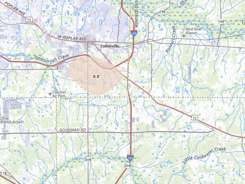 Radar-estimated hail-size map of the storm over Collierville, TN on Jul 8, 2026