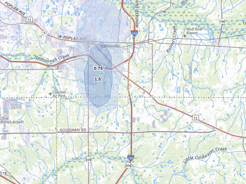 NEXRAD radar-signature map of the hail storm over Collierville, TN on Jul 8, 2026