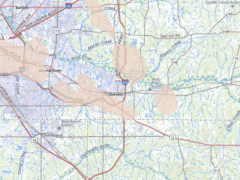 Radar-estimated hail-size map of the storm over Collierville, TN on Aug 22, 2026