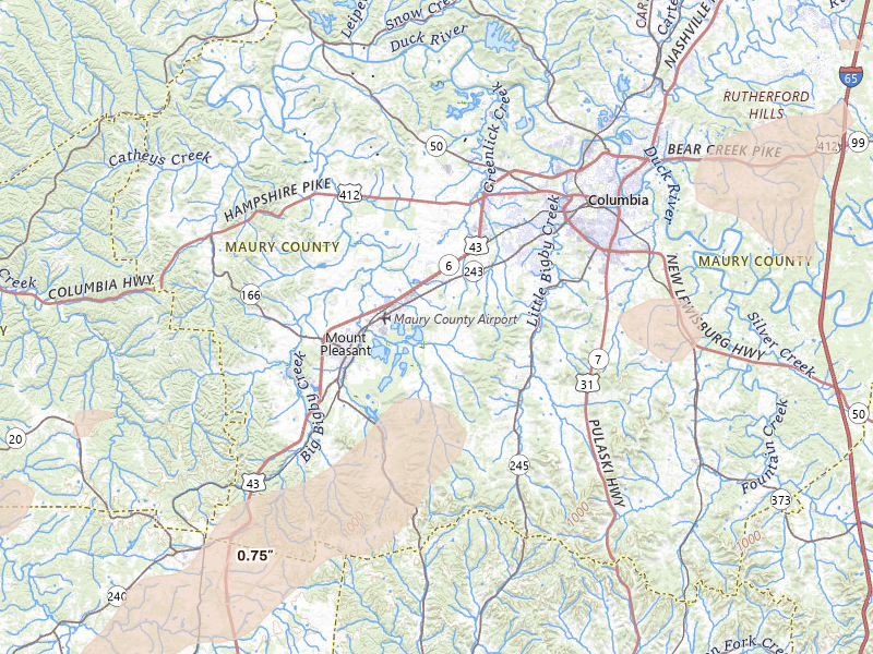 Radar-estimated hail-size map of the storm over Columbia, TN on Mar 15, 2026