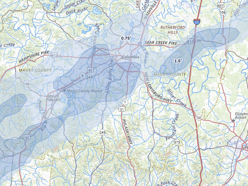 NEXRAD radar-signature map of the hail over Columbia, TN