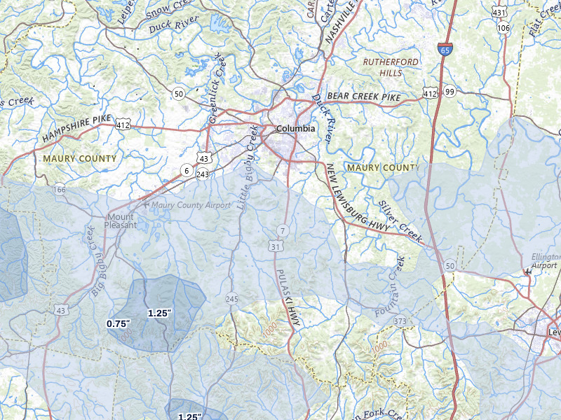 NEXRAD radar-signature map of the hail over Columbia, TN