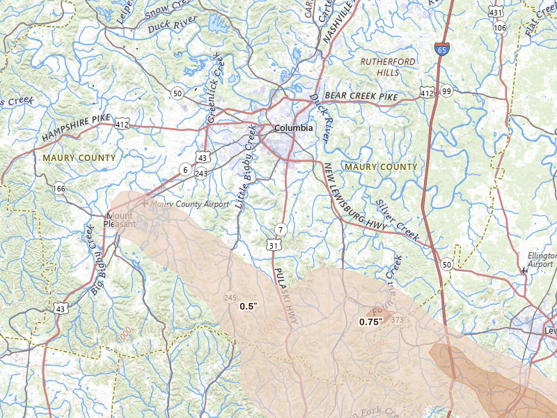 Radar-estimated hail-size map of the storm over Columbia, TN on Jun 1, 2026
