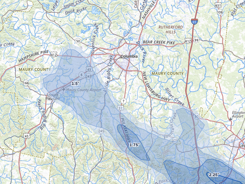 NEXRAD radar-signature map of the hail storm over Columbia, TN on Jun 1, 2026