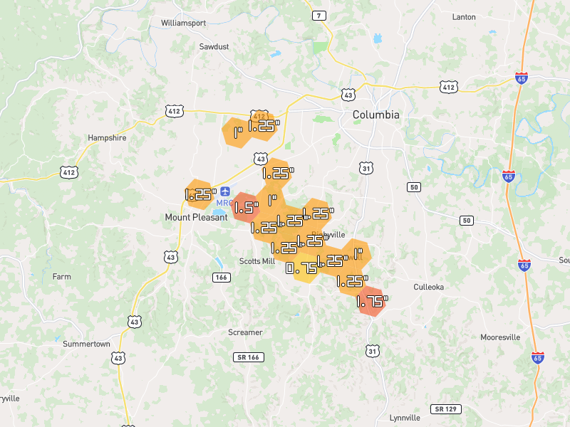 Hail map of Columbia, TN on Jun 1, 2026, hail up to 1.75"