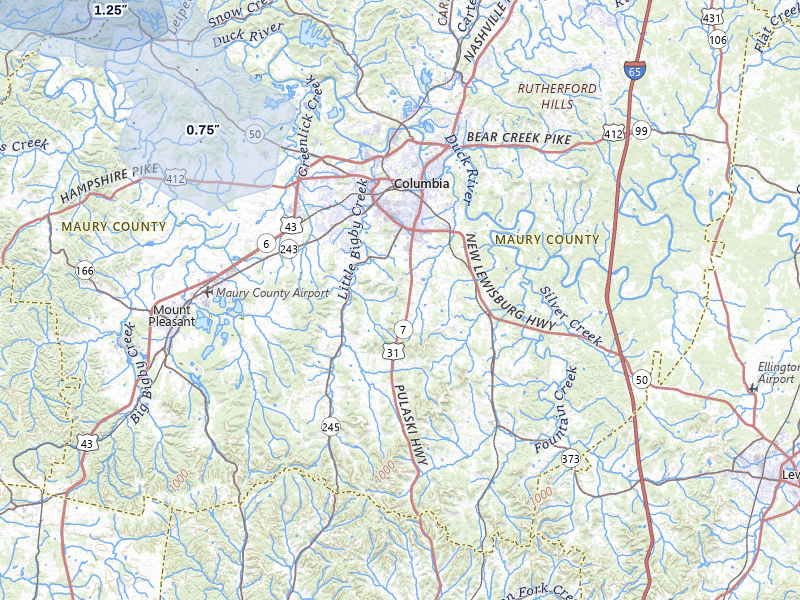 NEXRAD radar-signature map of the hail over Columbia, TN
