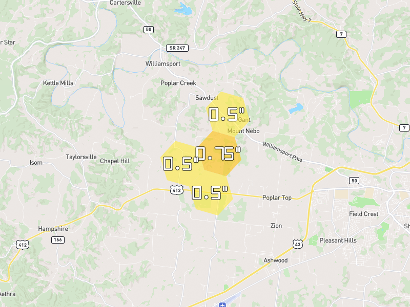 Hail map of Columbia, TN on Jul 2, 2026, hail up to 0.75"