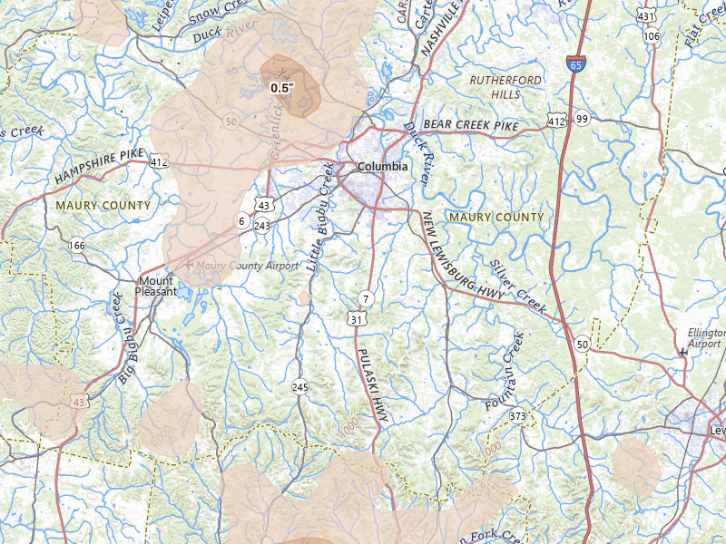 Radar-estimated hail-size map of the storm over Columbia, TN on Jul 3, 2026