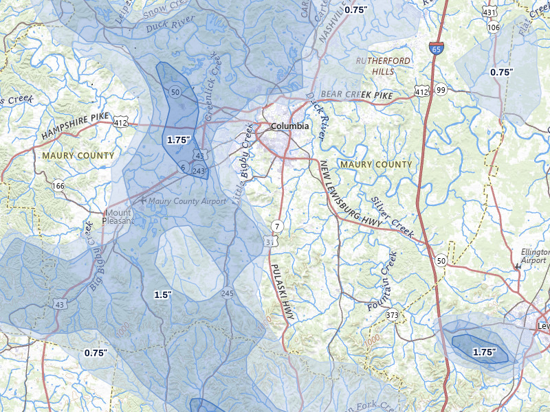 NEXRAD radar-signature map of the hail storm over Columbia, TN on Jul 3, 2026