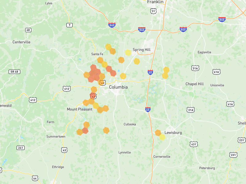 Hail map of Columbia, TN on Jul 3, 2026, hail up to 1.75"