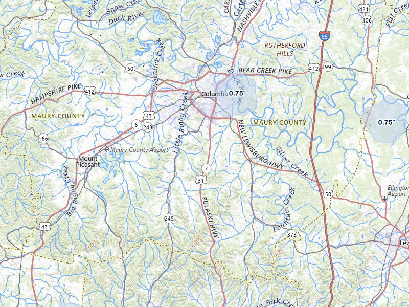 NEXRAD radar-signature map of the hail storm over Columbia, TN on Jul 9, 2026