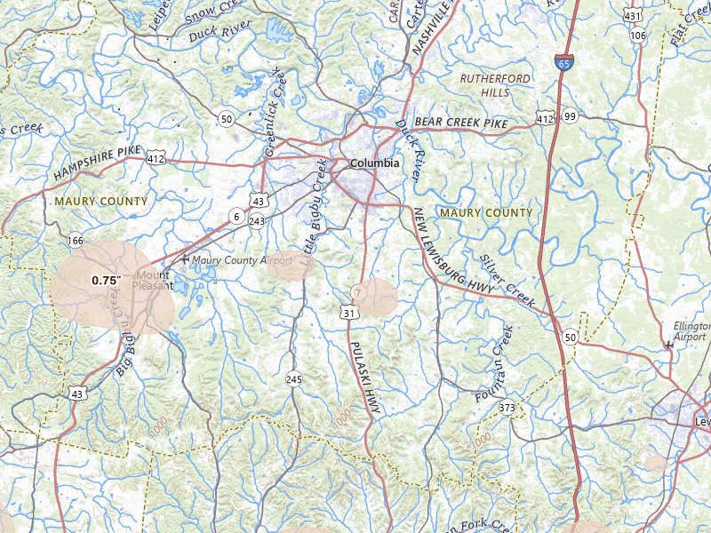 Radar-estimated hail-size map of the storm over Columbia, TN on Jul 11, 2026