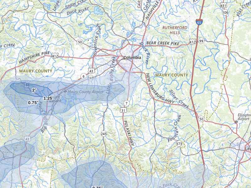 NEXRAD radar-signature map of the hail storm over Columbia, TN on Jul 11, 2026