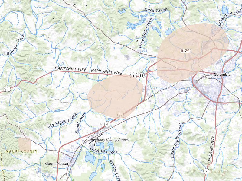 Radar-estimated hail-size map of the storm over Columbia, TN on Aug 7, 2026