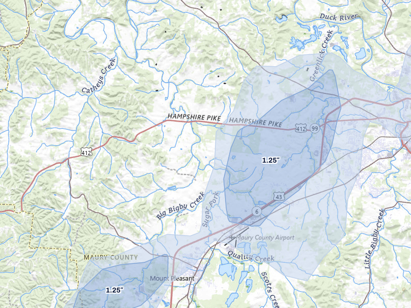 NEXRAD radar-signature map of the hail storm over Columbia, TN on Aug 7, 2026
