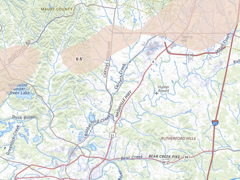 Radar-estimated hail-size map of the storm over Columbia, TN on Aug 8, 2026
