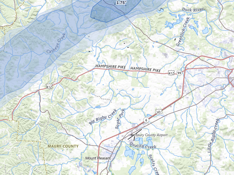 NEXRAD radar-signature map of the hail storm over Columbia, TN on Aug 8, 2026