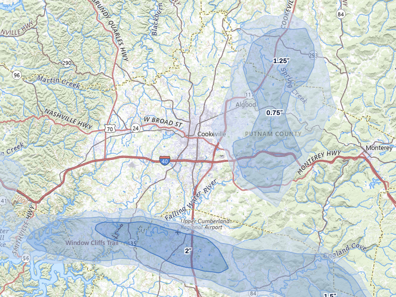 NEXRAD radar-signature map of the hail storm over Cookeville, TN on Jul 3, 2026