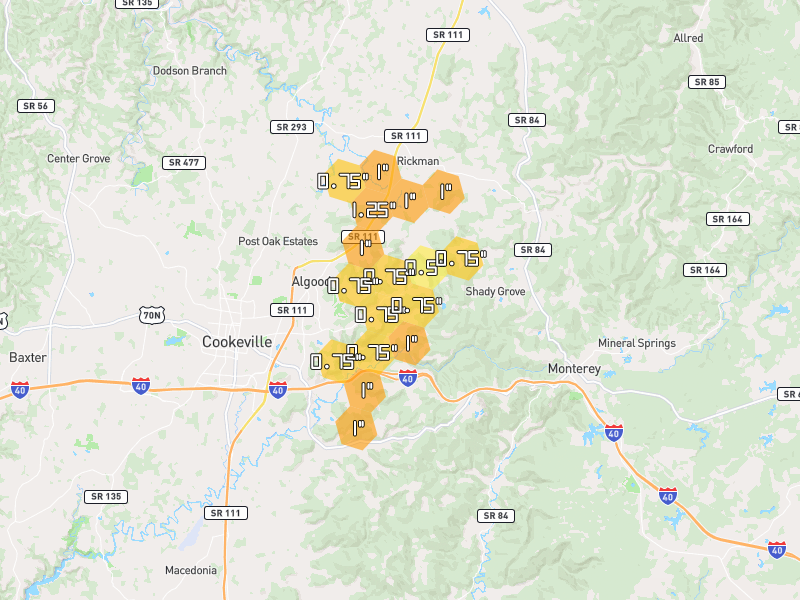 Hail map of Cookeville, TN on Jul 3, 2026, hail up to 1.25"