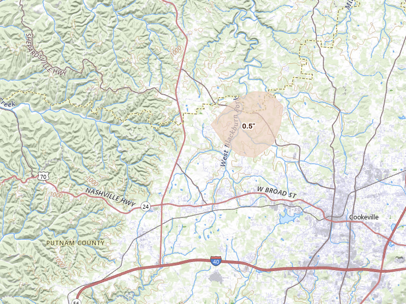 Radar-estimated hail-size map of the storm over Cookeville, TN on Jul 7, 2026
