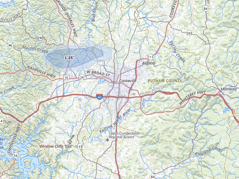 NEXRAD radar-signature map of the hail storm over Cookeville, TN on Jul 7, 2026