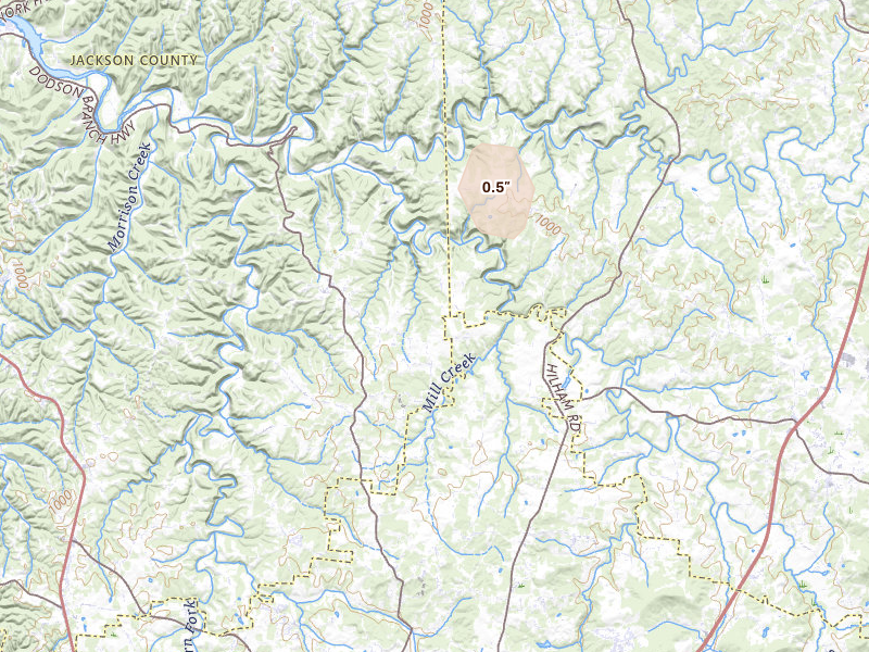 Radar-estimated hail-size map of the storm over Cookeville, TN on Aug 6, 2026