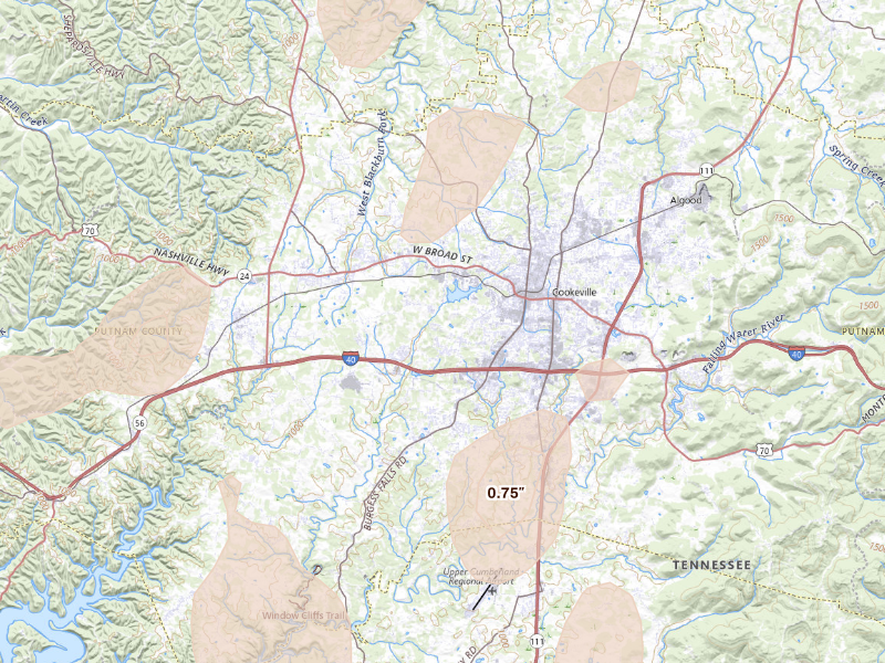 Radar-estimated hail-size map of the storm over Cookeville, TN